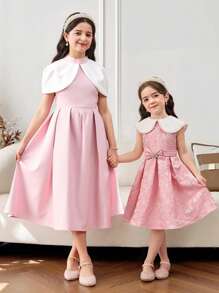 Young Girl Pearl Decor Large Lapels Patchwork Patchwork Floral Jacquard Midi A-Line Dress, Shawl Neck, Cake Dress, Flower Girl, Cute & Elegant & Sweet & Vintage & Fashionable. Mom And Daughter & Sisters Matching, Family Vacation, Daily Wear, Home Family Gatherings And Special Occasions, Sibling Outfits, Gorgeous Princess, Party Wear, For Birthdays, Spring/Summer. - Pink - View 12