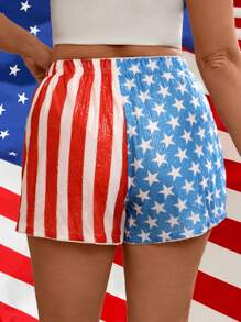 SHEIN LUNE 大码独立日爱国条纹和星星亮片印花短裤 - 彩色 - 查看 2
