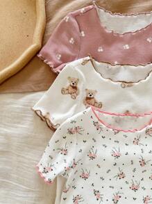 SHEIN LMoss Kids 6pcs/Set Baby Girl Cute Cartoon Bear & Floral Print Ruffle Trim Round Neck Short Sleeve Pants Casual Comfy Knitted Pajamas Set