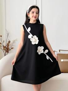SHEIN Vestido sólido de punto con decoración de flores 3D, corte en bloque de color holgado y volantes, diseño de cuello alto entallado, elegante y casual, para niñas preadolescentes