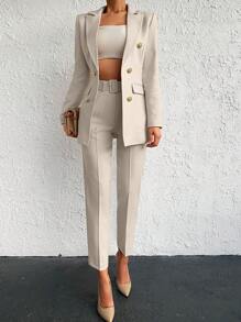 EURMUSE 纯棉双排扣大衣和长裤套装 - 杏色 - 查看 3