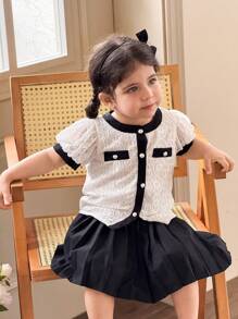 SHEIN Baby Girl Lace Single-Breasted Puff Sleeve Top And Pleated Mini Skirt Set - Black and White - View 1