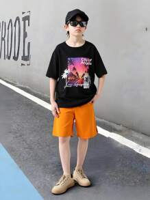 2pcs/Set Tween Boys Casual Vacation Versatile Palm Tree Print Pattern Collared Solid Color Woven Shorts Outfit, Suitable For School, Garden, Beach, Birthday Party, Holiday, Spring/Summer - Black - View 1