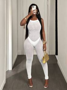 BamGleam 女式镂空渔网紧身连衣裤，低领 - 白色 - 查看 1