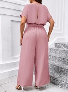 SHEIN Clasi 加大码优雅圆领阔腿连体裤，配腰带 - 粉色 - 查看 2