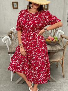 SHEIN VCAY 大码女式碎花泡泡短袖优雅度假迷你连衣裙