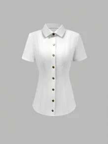 Women's Solid Color Business Single-Breasted Short Sleeve Slim Fit Casual Blouse - White - View 7