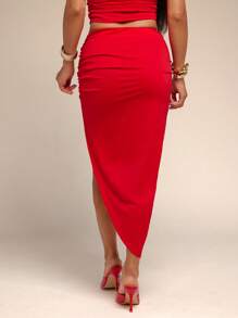 Vixey Fustă midi din tricot jerseu solid, asimetrică, cu crăpături laterale, cu pliuri, fustă pentru invitați de nuntă - roșu - Vizualizare 4