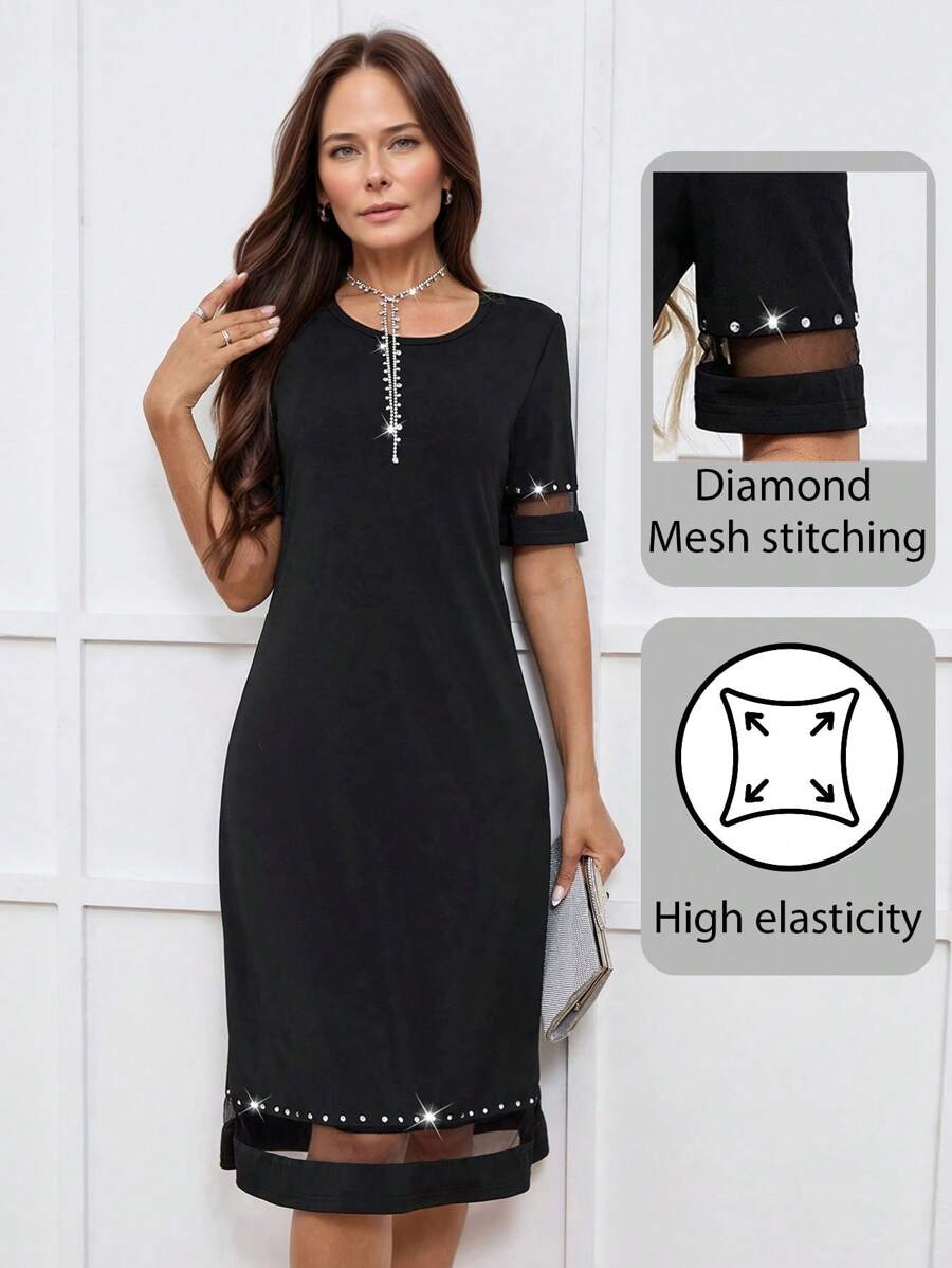 Miaspire Women's Elegant Rhinestone Embellished Round Neck Short Sleeve Mid-Length Dress, Suitable For Spring & Summer - Black - View 1