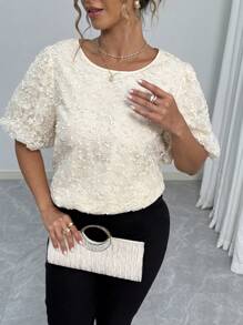 Elenzga 大码女式法式纹理衬衫，优雅通勤 - 杏色 - 查看 1