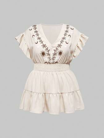 Goth Blusa de talle ajustado con bordado de estrellas y enredaderas, estilo bohemio, talla grande, para verano