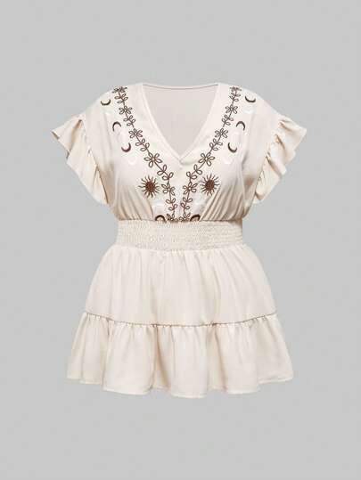 Goth Plus Size Women Boho Style Star & Vine Embroidered Fitted Waist Top, Summer