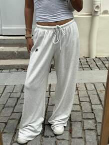 SHEIN EZwear Pantaloni da tuta casual estivi, morbidi e larghi, con cordoncino e ricamo