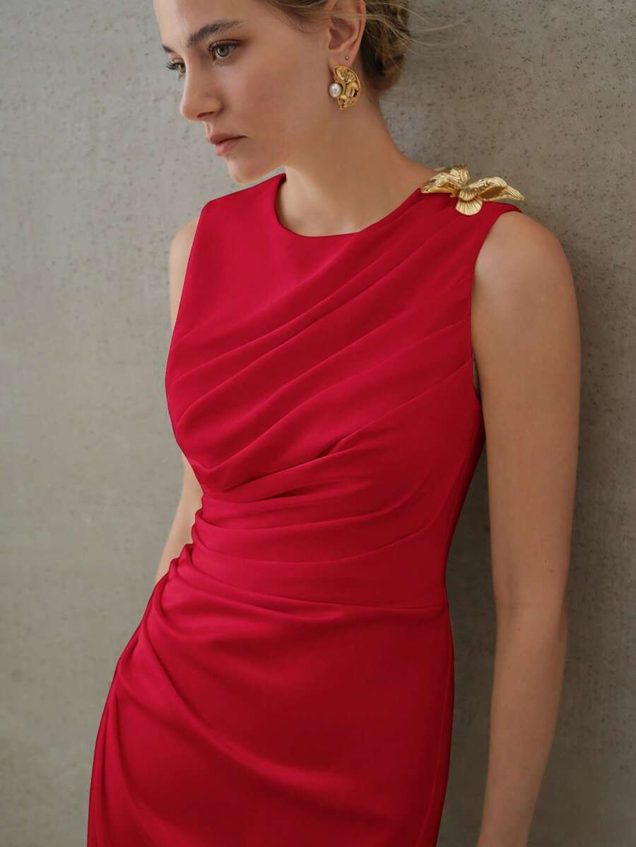 MOTF PREMIUM ELEGANT RUCHED DRESS, SUITABLE FOR DATES AND EVERYDAY WEAR - Red - View 2