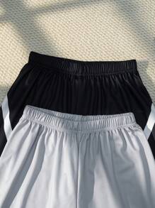 SHEIN 2 件男童黑白条纹印花轻质网眼面料短裤，夏季 - 黑色 - 查看 3
