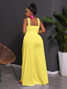 Slaydiva Plus Size Women's Elegant Criss-Cross Front Jacquard Jumpsuit, Suitable For Casual Commute And Vacation