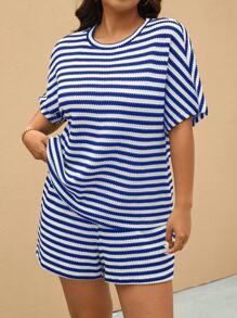 Elaquor Plus Size 2 Pieces Set Striped Short Sleeve Round Neck T-Shirt And Shorts, Fashionable For Summer,Business Casual Woman