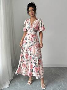 Rafferiza Vestido largo de flores con cuello en V, mangas con volantes y abertura, elegante, para primavera/verano - Multicolor - Ver 6