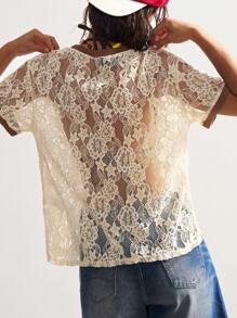 Bohemela Blusa da donna casual estiva in stile boho, con motivo a uncinetto color tinta unita, collo rotondo, manica corta, aderente