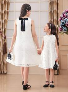 Tween Girl Textured Butterfly Pattern Crew Neck Sleeveless Fitted Casual Dress