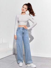 SHEIN Teen Girls' Casual Washed High Waisted Straight Leg Jeans