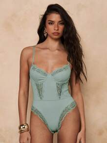 SHEIN BAE 睫毛蕾丝拼接紧身胸衣紧身衣吊带连体衣 - 薄荷綠 - 查看 1