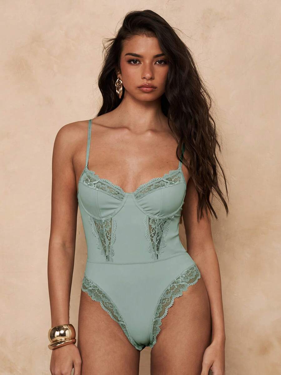 SHEIN BAE 睫毛蕾丝拼接紧身胸衣紧身衣吊带连体衣 - 薄荷綠 - 查看 1