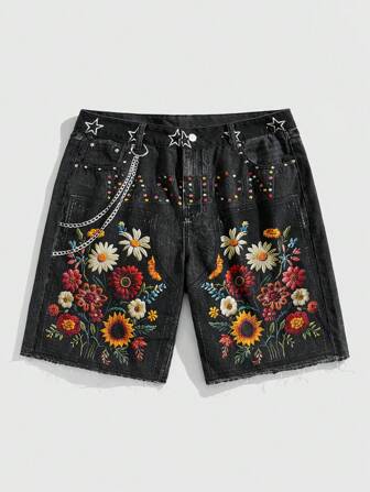 Street Life Short en jean à imprimé floral et chaîne pour hommes