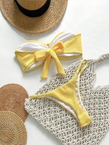 Swim Vcay Conjunto de bikini strapless con decoración metálica y lazo sexy, de tela jacquard de unicolor, para mujeres, para vacaciones de primavera y playa - Amarillo - Ver 2