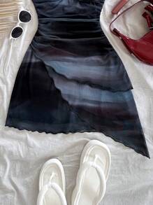 SHEIN Tall CURVE Sexy, vintage Farbverlauf-Halfter-V-Ausschnitt-Schnürkleid mit Mesh-Raffung und asymmetrischem Saum, romantisches Urlaubskleid für Damen im Sommer