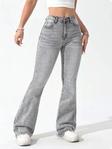 EMERY ROSE Women's Everyday Pocketed Flare Leg Casual Versatile Jeans - Light Grey - View 6