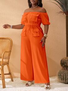 Slaydiva Plus Size Fitted Solid White Long Jumpsuit, One Shoulder, Pockets, Casual Holiday Wear, Spring/Summer - Orange - View 4