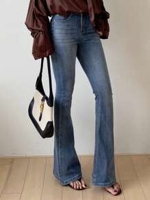 DAZY Stretchy Slim Fit Washed Blue Flared Jeans, Suitable For All Seasons Low Rise Jeans - Medium Wash - View 4