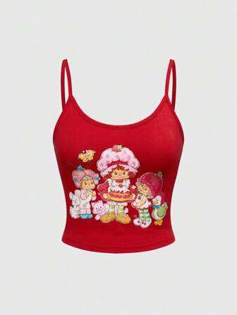 Top de tirantes rojo con gráfico de figura de dibujos animados, adecuado para el verano
