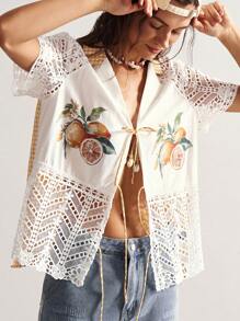 Bohemela Camisa casual de manga corta con cuello para mujer, de patchwork tejido a cuadros - Blanco - Ver 4