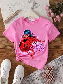 Miraculous Ladybug X SHEIN Camiseta de manga corta con cuello redondo y gráfico de letras y números para niña preadolescente - Rosa - Ver 7