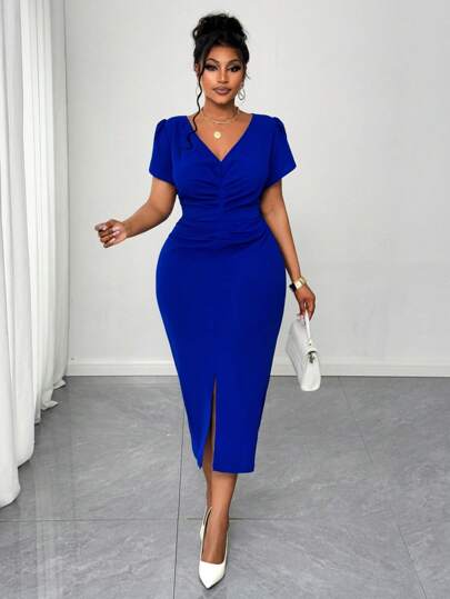 Maweii Plus Size Women V-Neck Short Sleeve Bodycon Mini Dress, Elegant Casual Business Office