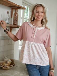 LanaWest Vacation Bohemian Vintage Ditsy Floral Patchwork Short Sleeve T-Shirt For Women - Pink - View 3