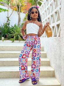 SHEIN Tween-Mädchen Lässige, gehäkelte, bunt bedruckte Hose mit geradem Bein, geeignet für Resort und Strand, Frühling/Sommer