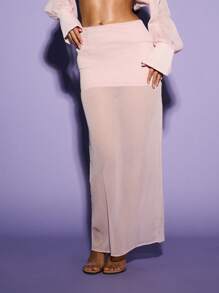 KIZN 双层透明拼接高腰长裙优雅晚会海滩度假装夏季度假罩衫雪纺池畔休闲服