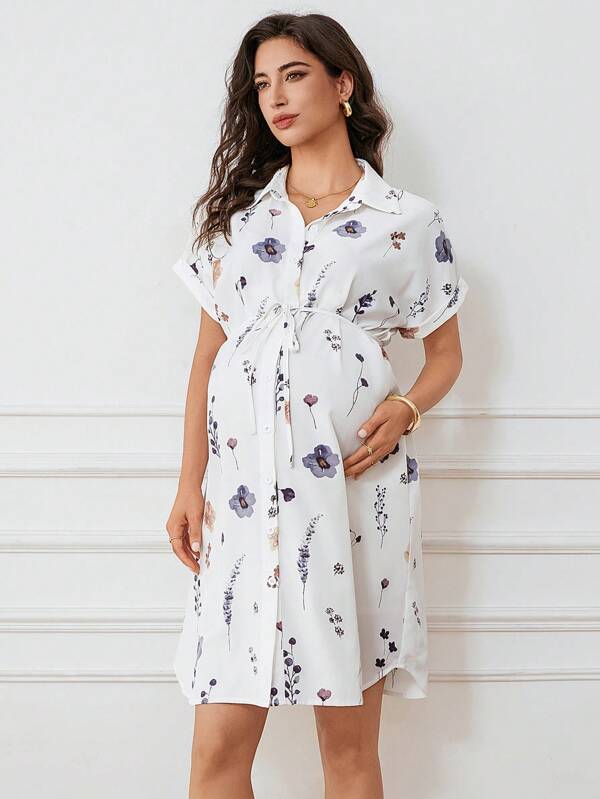 MaterniWear 孕妇花卉印花短袖衬衫领连衣裙