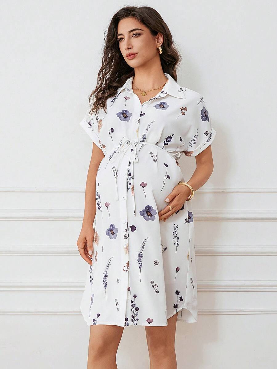 SHEIN 孕妇花卉印花短袖衬衫领连衣裙 - 彩色 - 查看 1