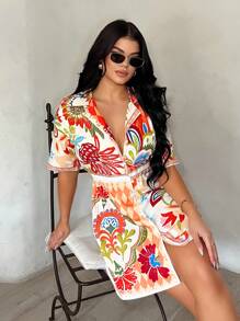 SHEIN SXY Plus Size Women's Spring&Summer Elegant Sexy Short Sleeve Retro Printed Shirt Dress, Suitable For Everyday Wear, Wedding, BOHO, Bohemian, Outing, Beach Vacation, Holiday, Seaside, Western Wear, Music Festival, Concert, Carnival Party, Richly Layered, Date Night, Ibiza, Nashville, Break, Modest, Chic, Club, Cute, Casual, Shopping, Streetwear, Going Out, Easy To Match&Looks Slim, Accent Your Body, Flatter The Figure, Patchwork Floral Print Colorful Dress