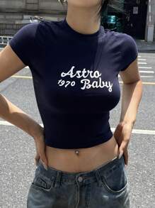 DAZY Women's Tight Fit Letter Print Casual T-Shirt, Summer Y2k - Navy Blue - View 4