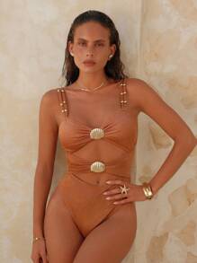 Swim Chiccia Đồ bơi một mảnh gợi cảm bằng vải bóng đan chéo kim loại trang trí khoét sâu cho nữ, mùa hè - Rỉ Nâu - Xem 6