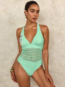 SHEIN Swim Áo bikini ren khoét rỗng thêu hoa màu xanh bạc hà và xanh lam thanh lịch dành cho nữ, phù hợp cho mùa xuân, mùa hè, hàng ngày, kỳ nghỉ bãi biển - Màu xanh Bạc hà - Xem 7