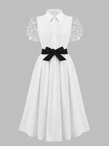 Pitira Pitira Vestito camicia elegante da primavera/estate con cintura in pizzo e toppe a farfalla stile accademico, per uso quotidiano, della linea TEENGIRL, di colore bianco