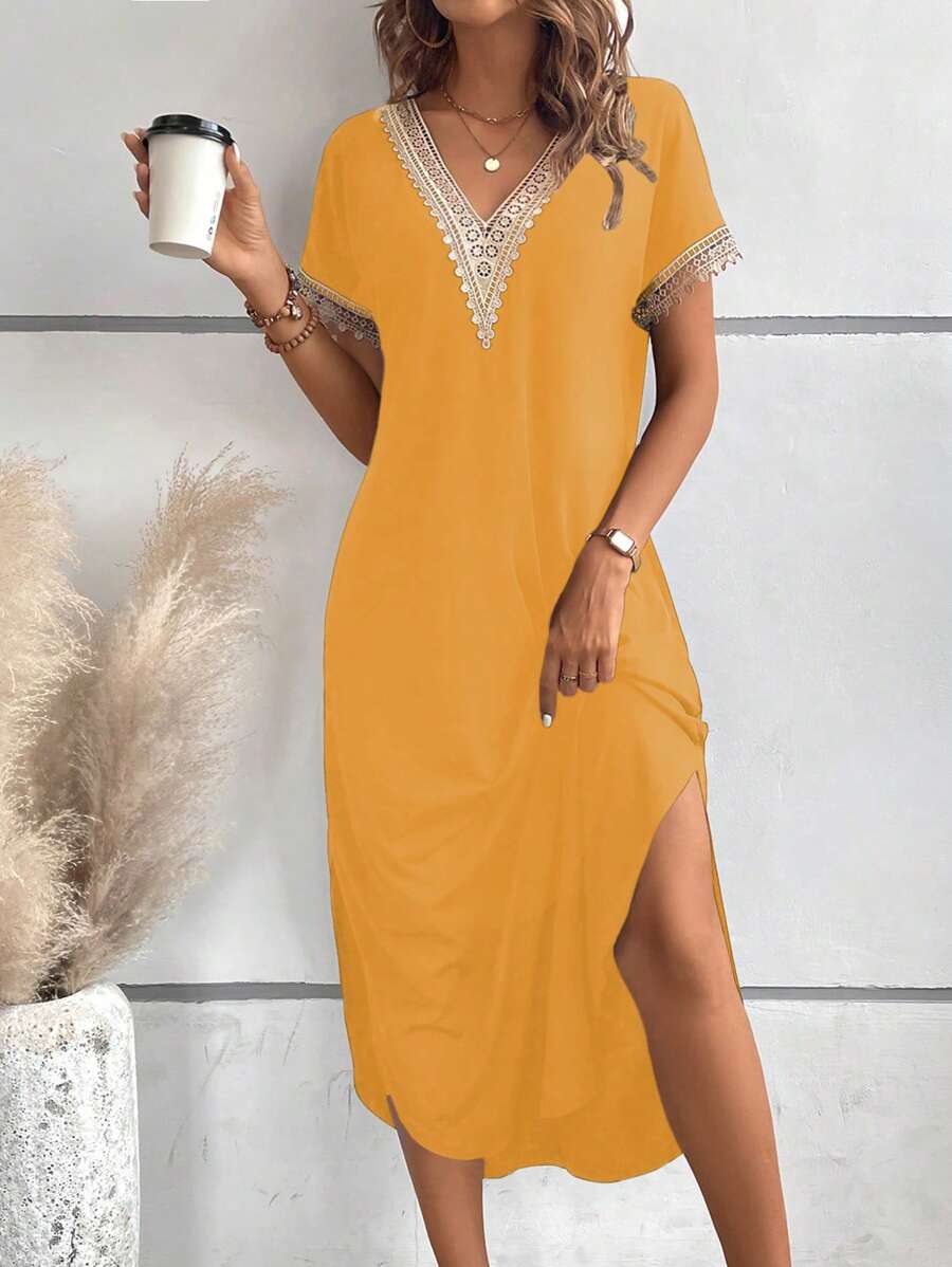 SHEIN LUNE Guipure Lace Panel Split Thigh Tee Dress Maxi Women Outfit - Yellow - View 1