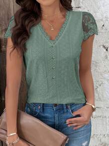 SHEIN Frenchy Women's Lace Patchwork Short Sleeve Textured Fabric Summer T-Shirt