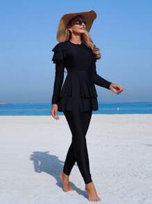 Swim Mulvari 2 Pc Set Solid High Neck Long Sleeve Long Pants Ruffled Design Full Coverage Wireless Casual Conservative Swimsuit Bikini - Black - View 4